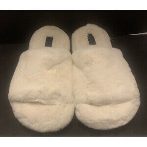 RACHEL ROY Womens Memory Foam Soft Faux Fur White Crisscross Slide Size 7-8 M